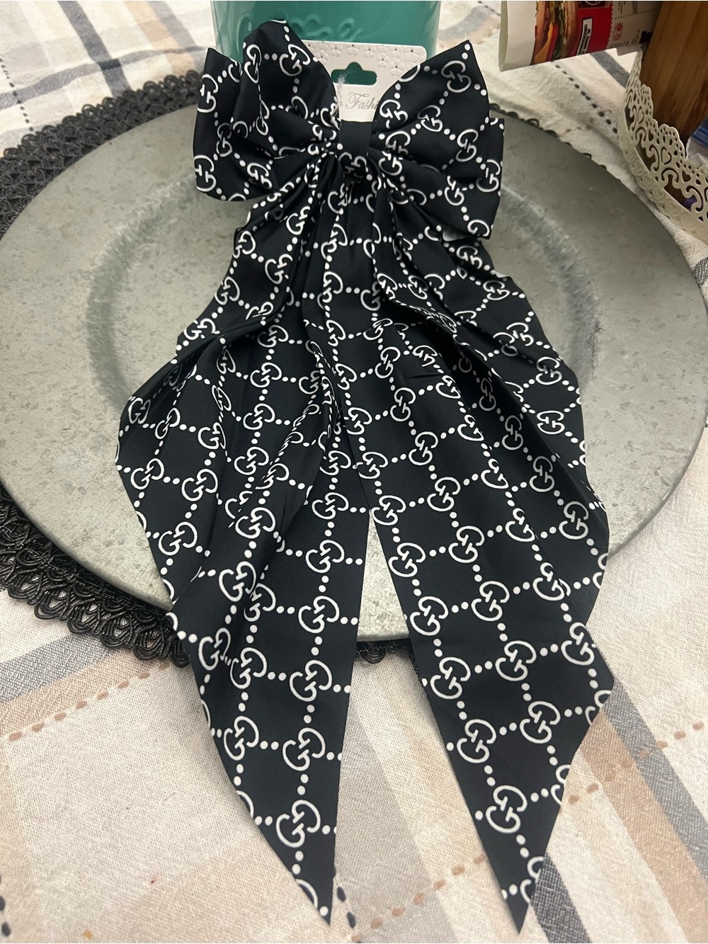 Black Patterned Bow Hair Scarf - Elegant Women’s Hair Accessory